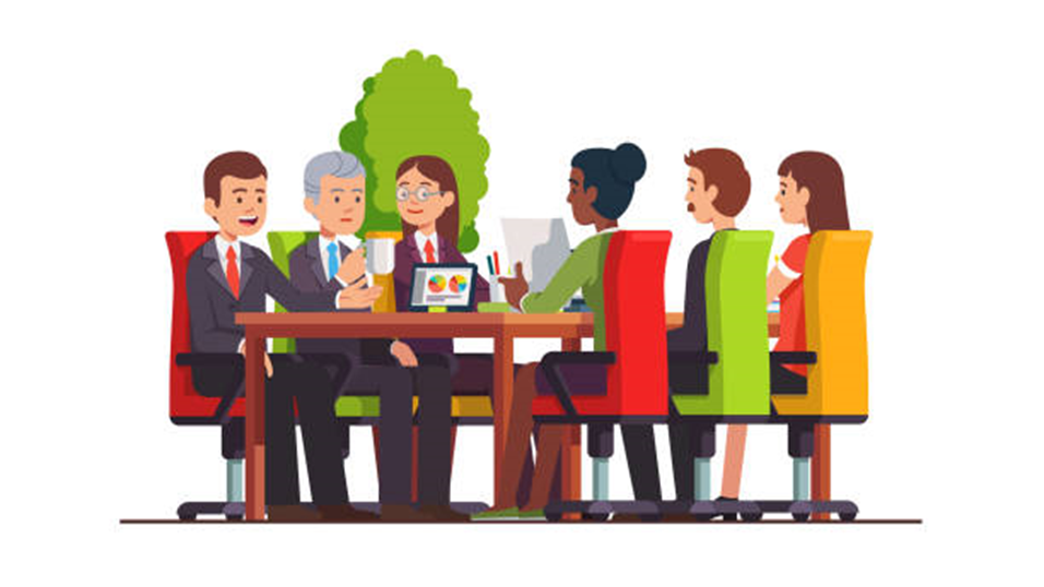 Cartoon of group of people around a conference table discussing succession planning