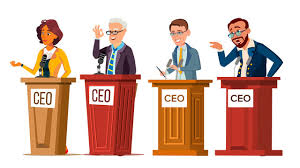 Cartoon depiction of four diverse CEO's behind lecterns talking about diversity hiring in leadership positions