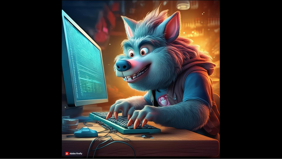 Cartoon of big bad wolf at a computer terminal stealing information for PE Executive Hire