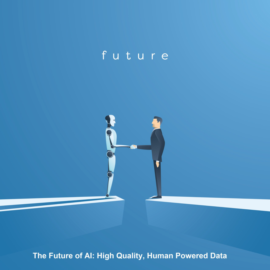 Image of man shaking hands with mechanical cyborg with caption: "Future: The future of AI high quality human powered data" regarding executive talent sourcing