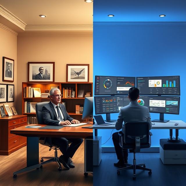Split-screen comparison showing traditional executive in established corner office with books and awards versus modern outcome-based executive working with multiple data dashboards and project analytics screens