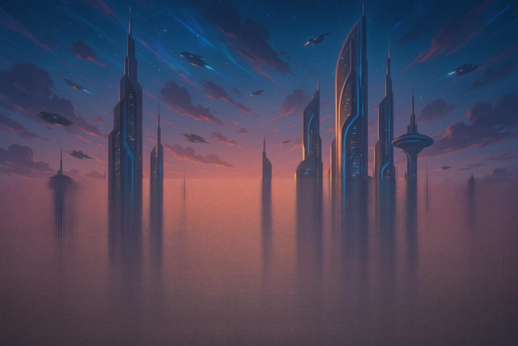 Surrealistic image of a futuristic city in the clouds