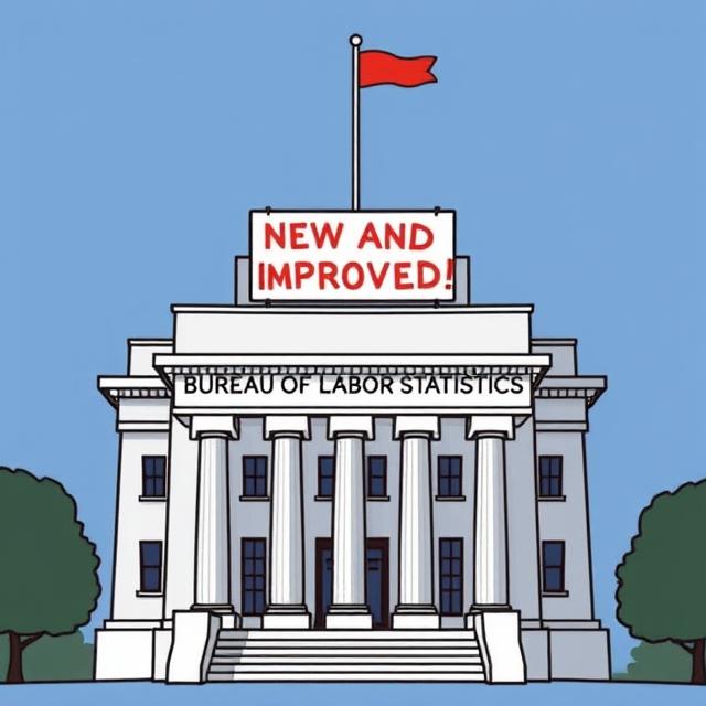 Cartoon graphic of Bureau of Labor Statistics building showing a banner declaring "New and Improved"