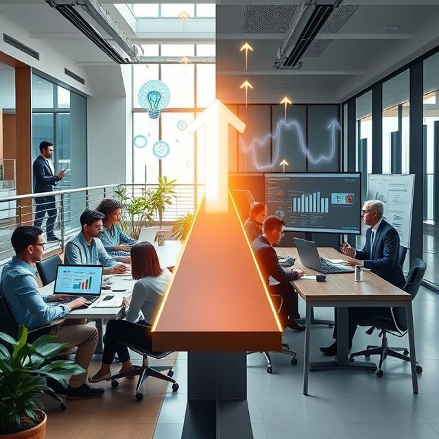 A split-screen composition showing two contrasting leadership environments. Left side: dynamic startup scene with a diverse leader collaborating with a small team around laptops and digital screens showing rapid growth charts, sticky notes, and prototypes in a bright, modern open space with plants and natural light. Right side: professional corporate boardroom with a confident leader presenting to executives around a polished conference table, with organizational charts and strategic dashboards on large monitors, sleek architecture and glass walls. Center of image: a glowing bridge or pathway connecting both sides, with floating holographic AI icons, neural network patterns, and upward-pointing arrows symbolizing learning and growth.