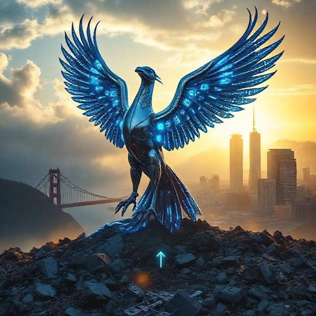 AI phoenix rising from ashes with San Francisco Golden Gate Bridge symbolizing the city's AI executive search market transformation
