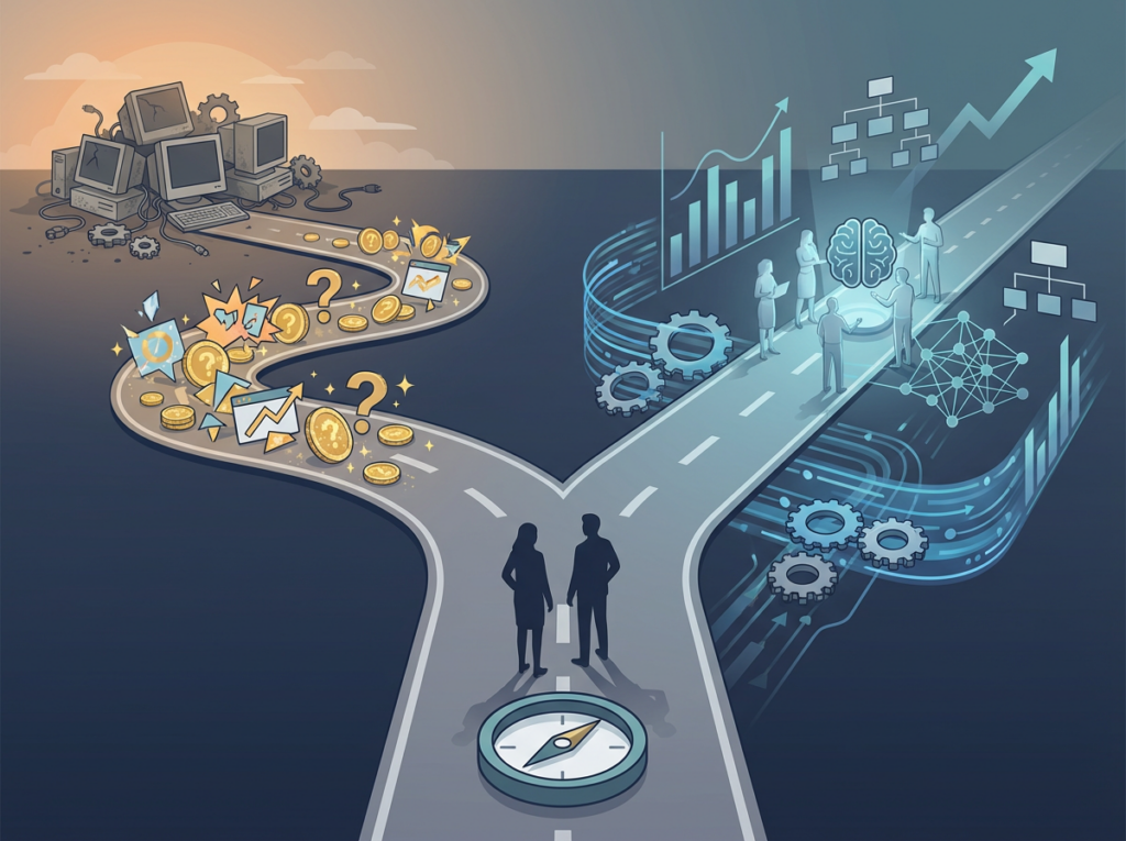 AI leadership hiring decision illustrated as crossroads between Chief AI Officer hype and integrated executive team approach for SMB transformation