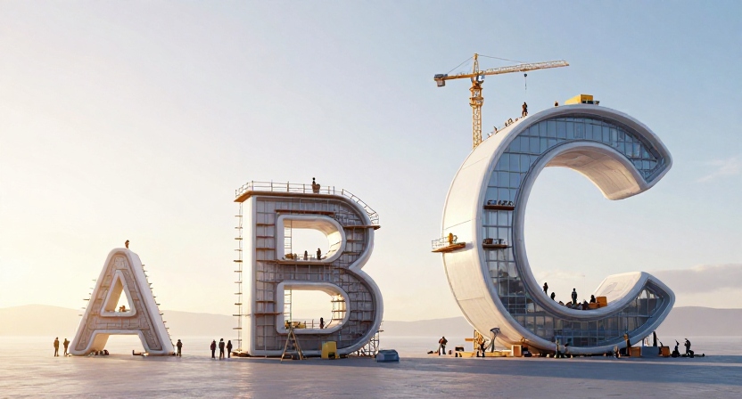 Three futuristic houses under construction increase in size from left to right, illustrating startup executive hiring growth from early stage to large scale.