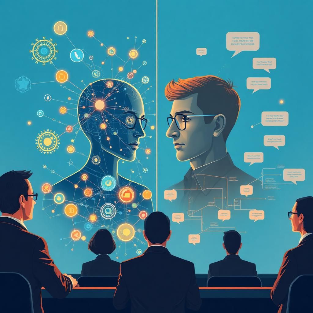 A hiring panel evaluates two executive candidates — one representing AI fluency with digital networks, the other human judgment and communication — illustrating how to hire an AI-fluent executive.
