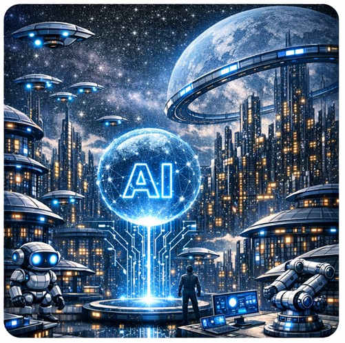 A lone human figure stands before a glowing AI orb in a futuristic city, surrounded by robots and interconnected networks — representing the future of middle management in an AI-driven organization.