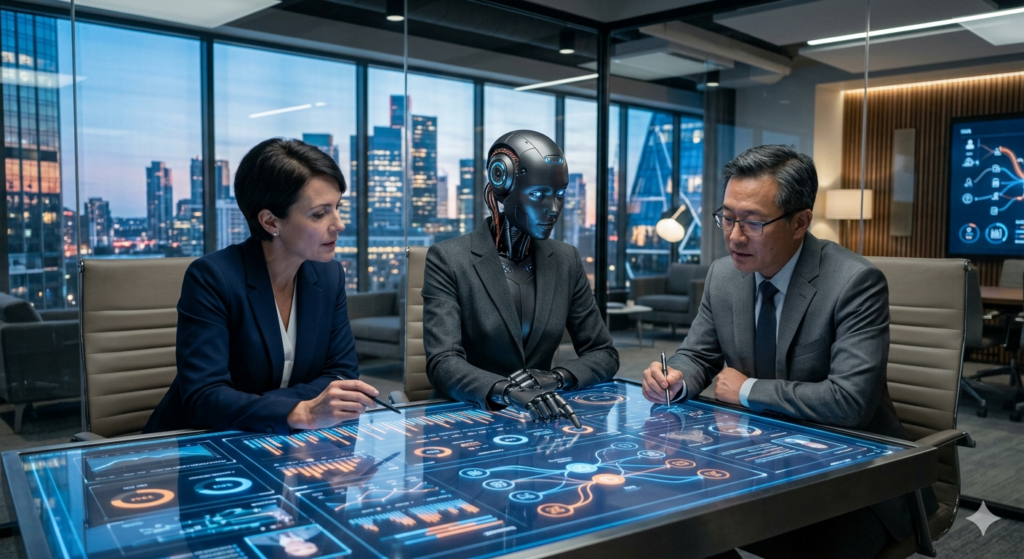 Three executives in a high-rise boardroom evaluate candidate data on a glowing interactive table, with an AI humanoid robot seated between two human leaders, representing the tension between AI executive hiring tools and human judgment in C-suite talent decisions.