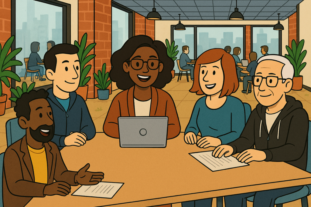 Cartoon of diverse group of start up founders sitting around a conference table in San Francisco winning the AI talent war.