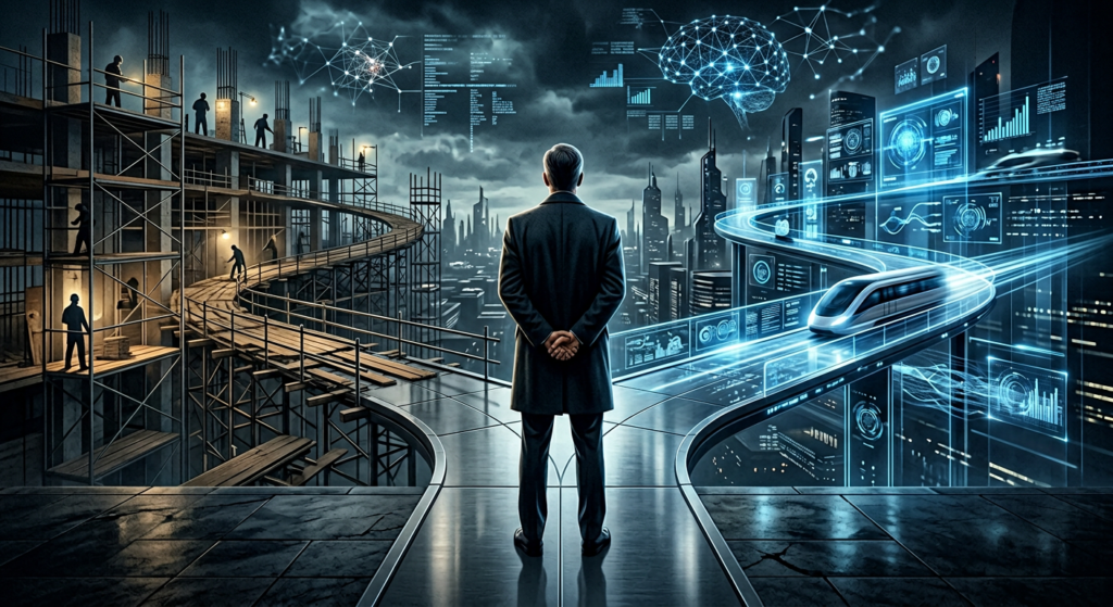 Executive standing at a forked path choosing between upskilling internal leadership and hiring external AI talent, symbolizing the CEO decision framework for building an AI-ready leadership team under competitive pressure