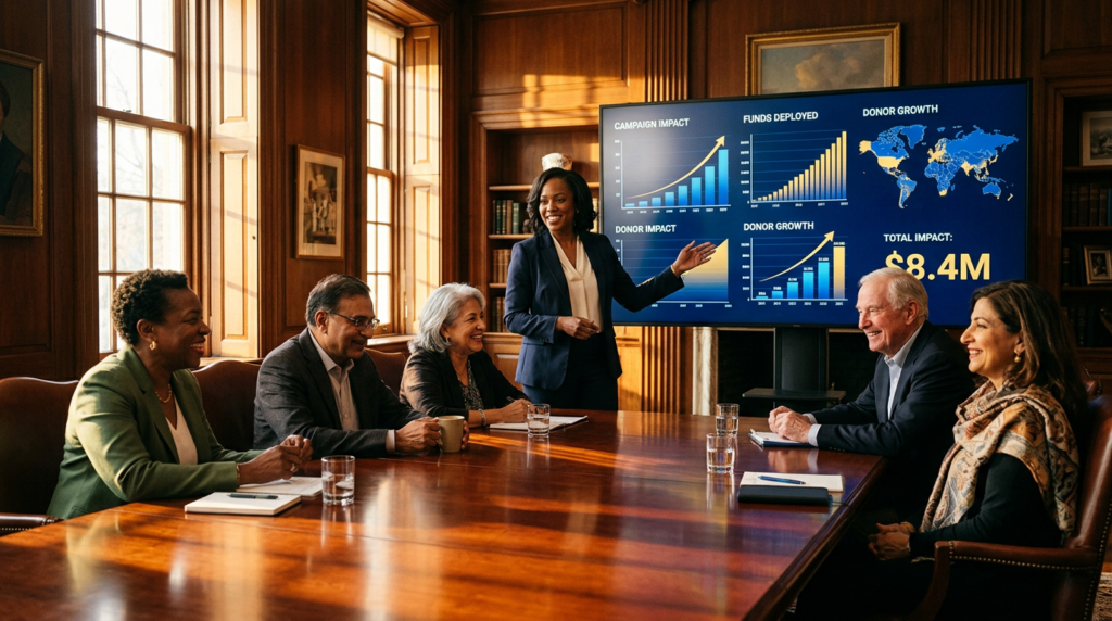 Diverse nonprofit philanthropy leadership team reacting with warm satisfaction as a major gifts officer presents AI-powered donor impact data in a sunlit boardroom