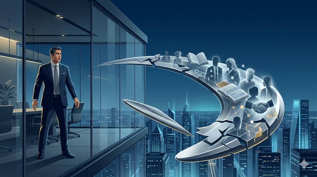 Executive watching a returning boomerang composed of employees, knowledge, and business relationships, symbolizing the AI layoff boomerang effect and the hidden value of human capital.