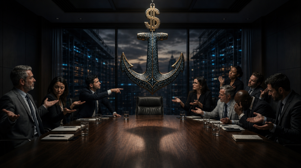 Boardroom executives avoid accountability for a failed AI infrastructure strategy as a giant anchor shaped like a dollar sign hangs over an empty chair