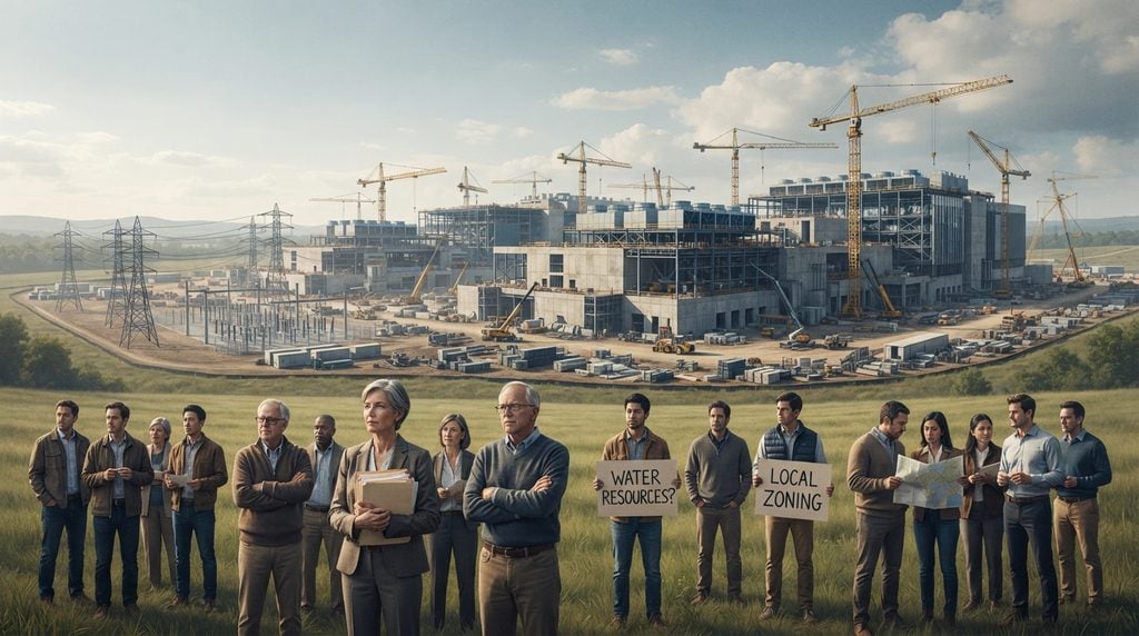 Community members holding "Water Resources?" and "Local Zoning" signs in front of a data center under construction, illustrating data center opposition to AI infrastructure