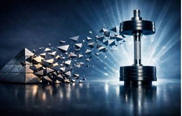 A metal pyramid breaking apart into small geometric pieces that flow toward a upright dumbbell surrounded by a glowing light, symbolizing a shift from a pyramid structure to a barbell model.
