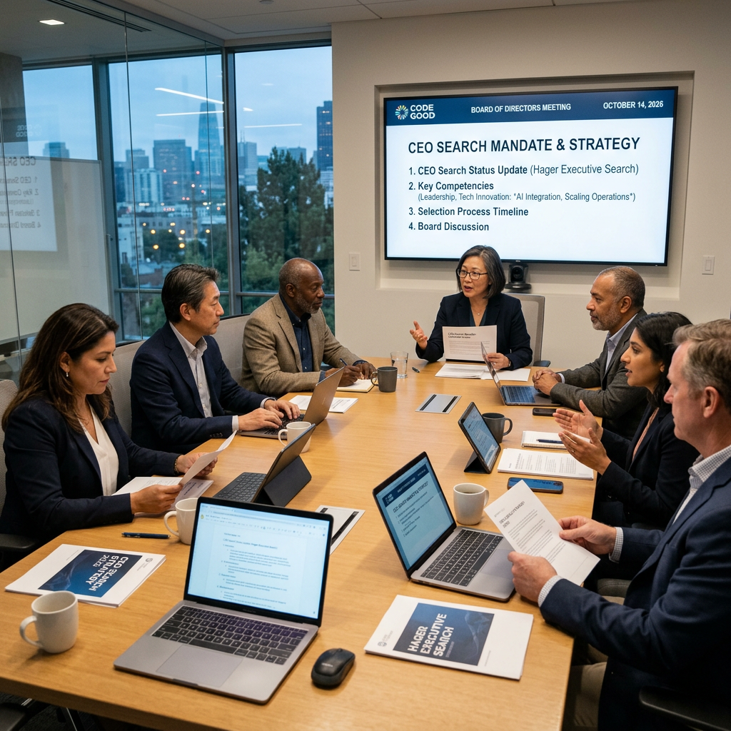 Diverse non-profit Board members gathered around a conference table to discuss the possibility of hiring a Corporate CEO