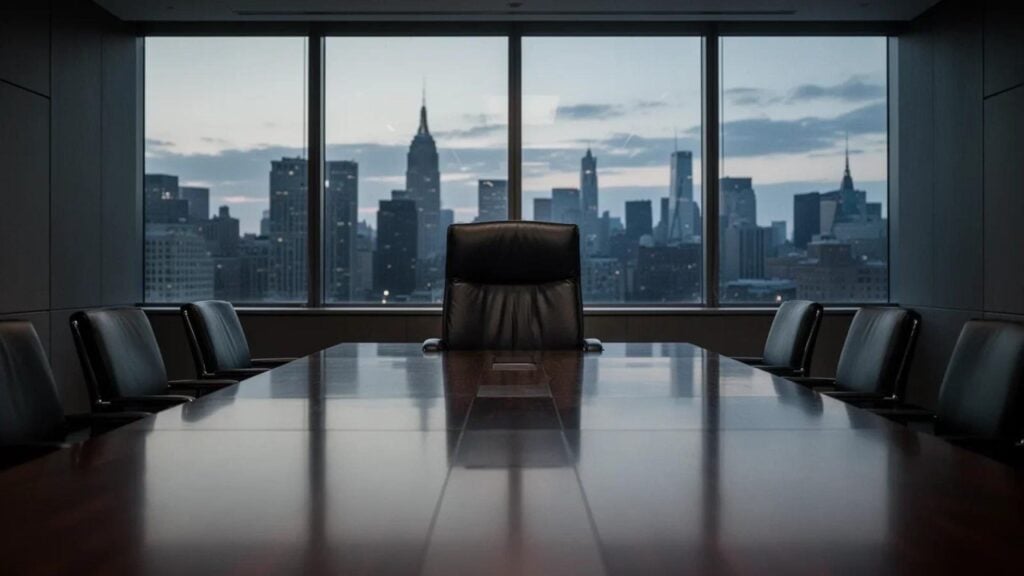 Empty executive chair at the head of a boardroom table, with the Manhattan skyline visible through floor-to-ceiling windows.